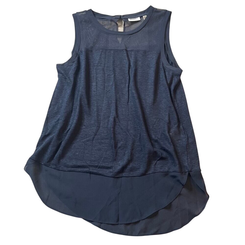 DKNYC‎ Navy Blue Linen Mixed Media Mesh Yoke High Low Tank Top Small